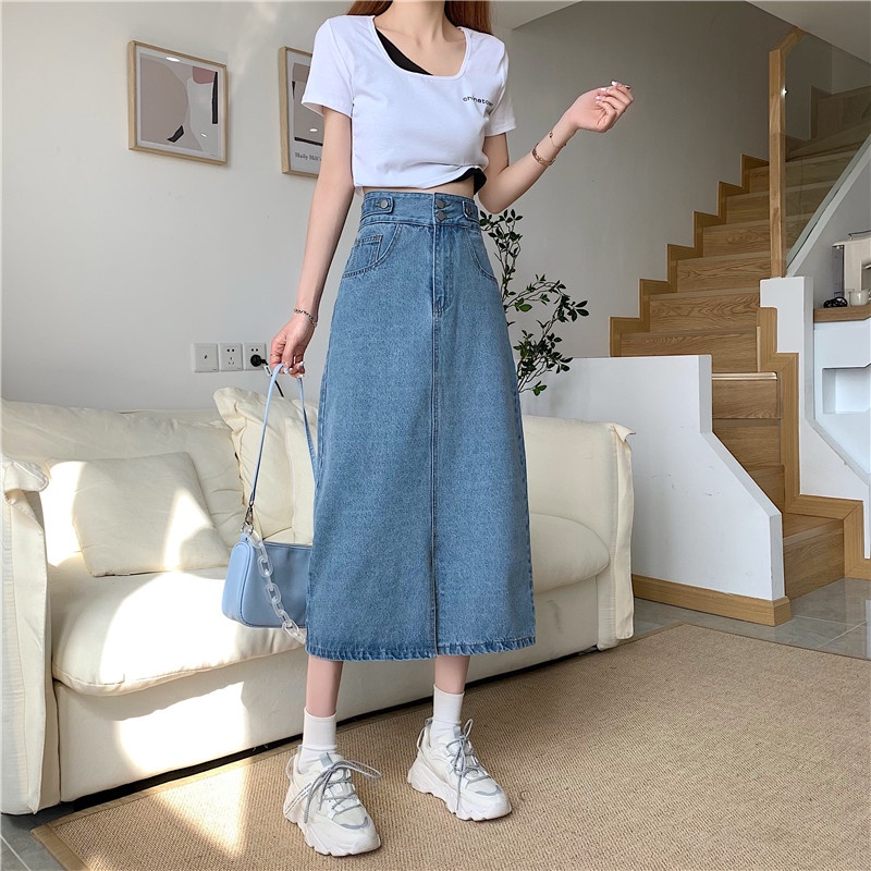 A-Line Rok Jeans Wanita Highwaist Rok Denim Korean Style