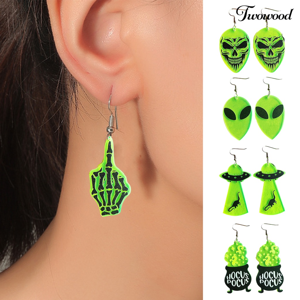 1 Pasang Anting Geometris Desain Tengkorak UFO Penyihir Untuk Pesta Halloween