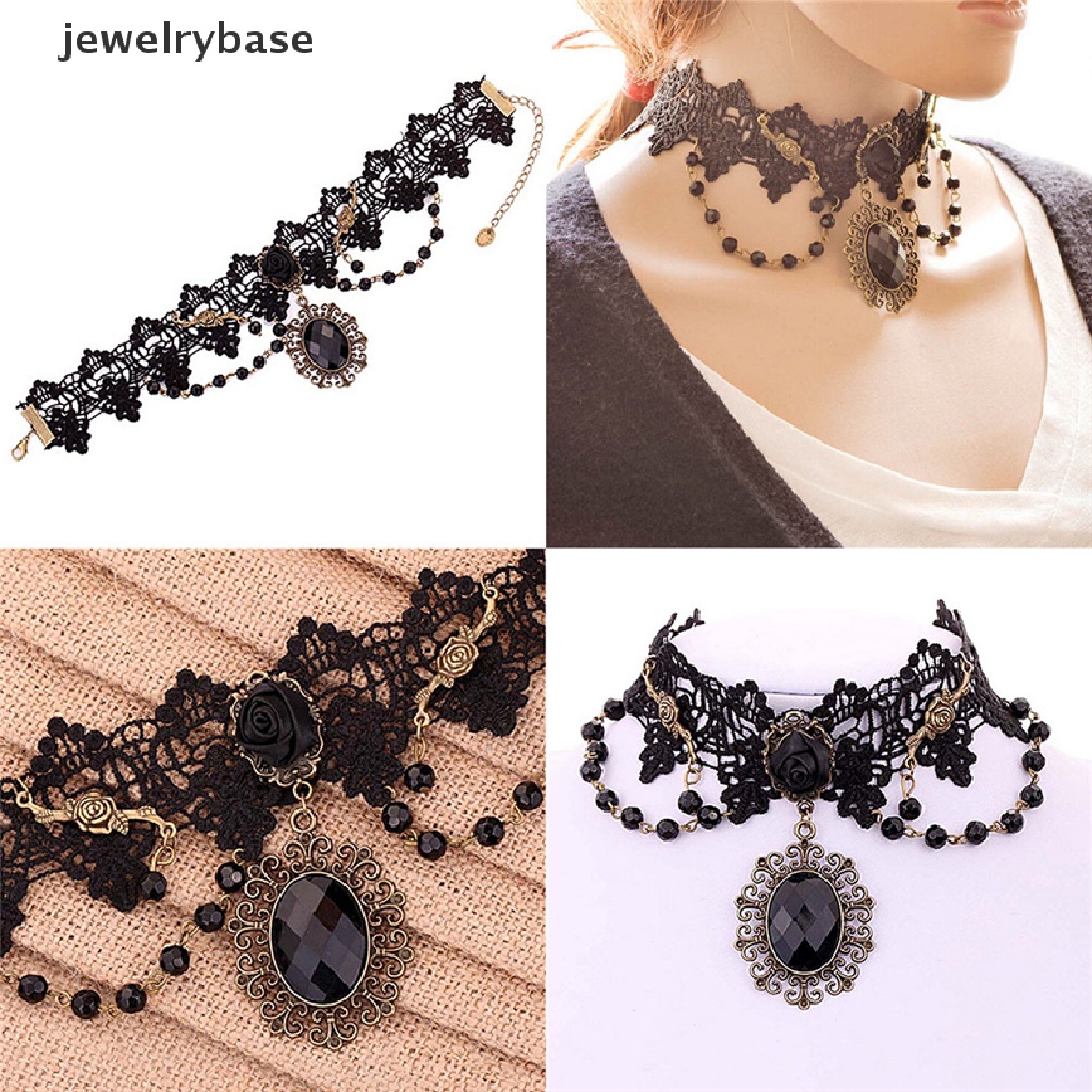 Kalung Choker Rantai Manik-Manik Renda Bunga Mawar Hitam Gaya Gothic Lolita