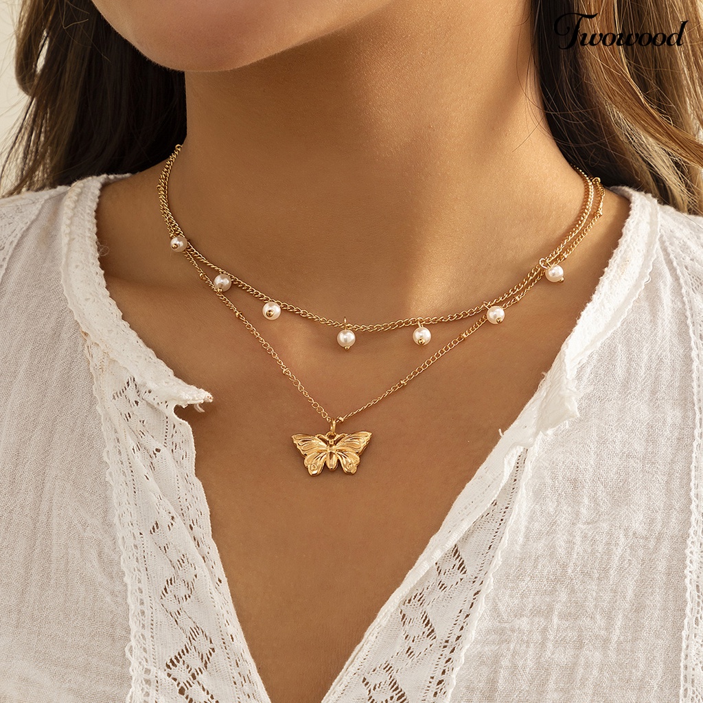 Kalung Choker Rantai Double Layer Dengan Liontin Butterfly Gaya Elegan