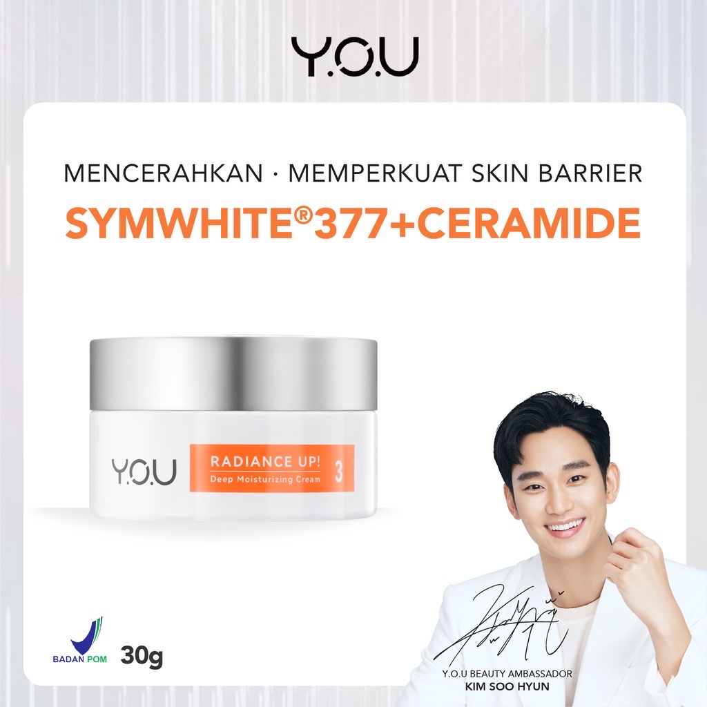 YOU Radiance Up! Deep Moisturizing Cream Indonesia / Pelembab Wajah 30g / SymWhite 377 Ceramide Snow VC Licorice Mushroom Extract / Brightening Niacinamide Moisturizer / Mencerahkan Barrier Jerawat / Y.O.U 3 Step Brightening Skin Look Series Paket Bundle