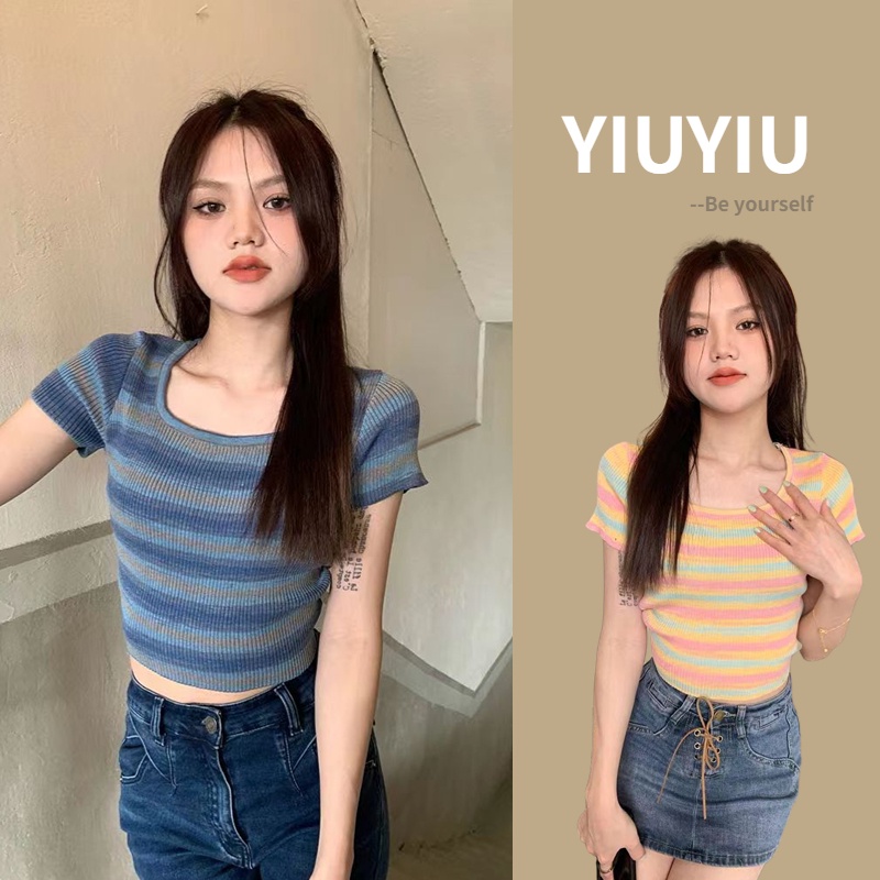 YIU YIU Rajut - Knitwear Crop Top Lengan Pendek Korean Style