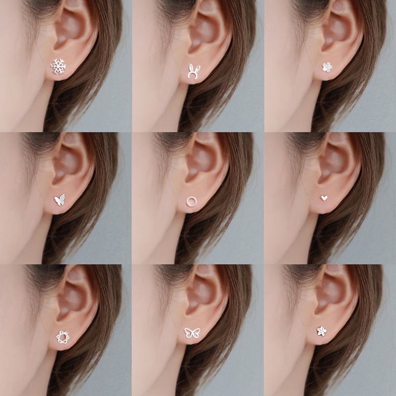 Papaozhu Korea s925 Perak Hypoallergenic Geometris Kecil Stud Anting-Anting Untuk Wanita Gadis Fashion Anting-Anting Kecil Pick Gratis Telinga Perhiasan