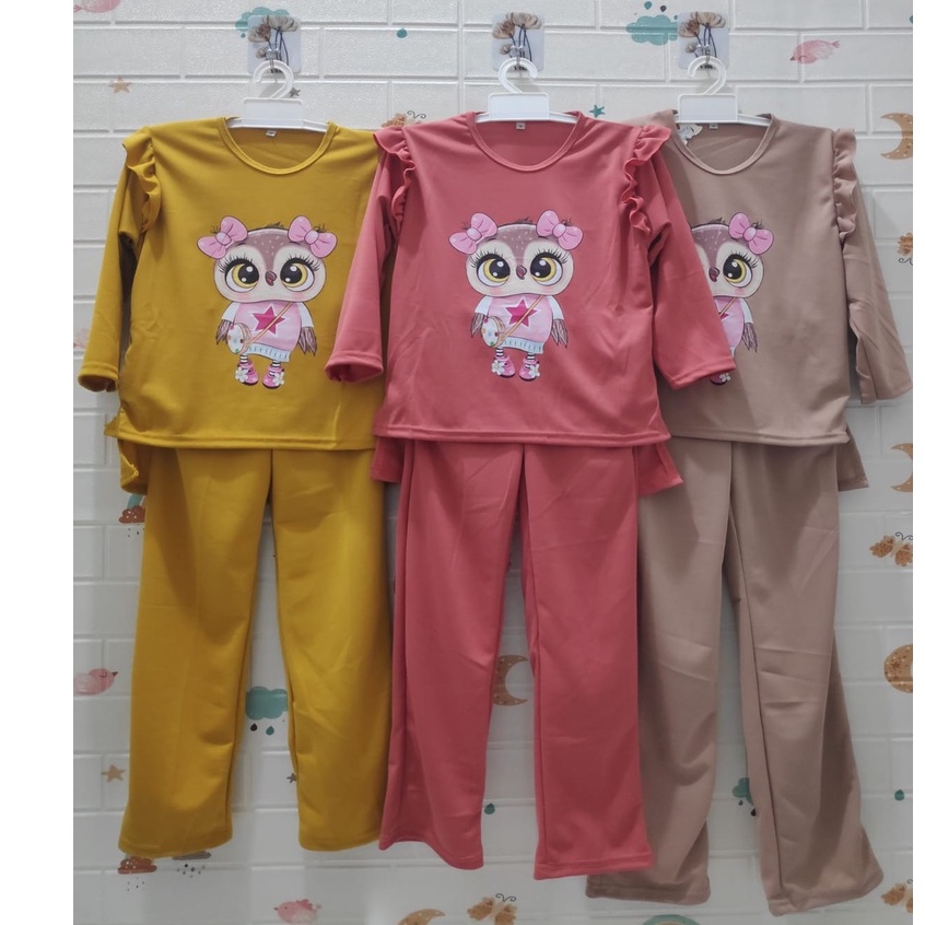 MOMOGI- SETELAN VIRAL OVERSIZE ANAK MOTIF BURUNG HANTU / SETELAN VOXY PREMIUM / Usia 5-10thn