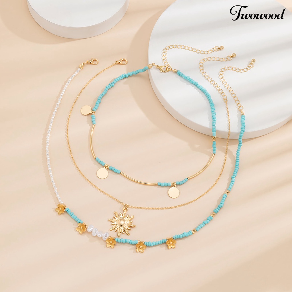 3pcs / Set Kalung Multilayer Liontin Mutiara Imitasi Gaya Bohemia Untuk Wanita