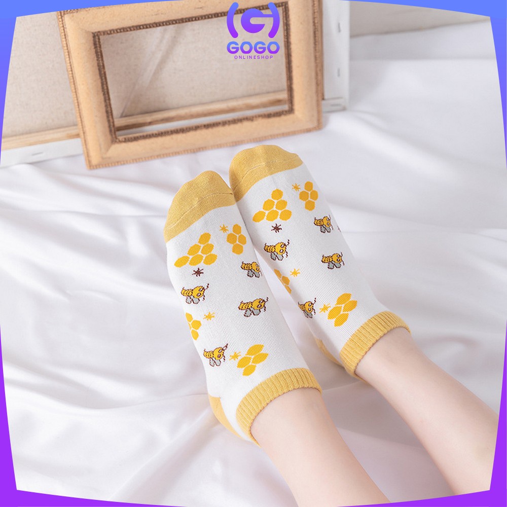 GOGO-P188 Kaos Kaki Pendek Wanita Motif Kuning Lebah Gaya Korea / Kaus Kaki Semata Kaki Wanita Dewasa / Bee Ankle Sock Fashion Korean Style