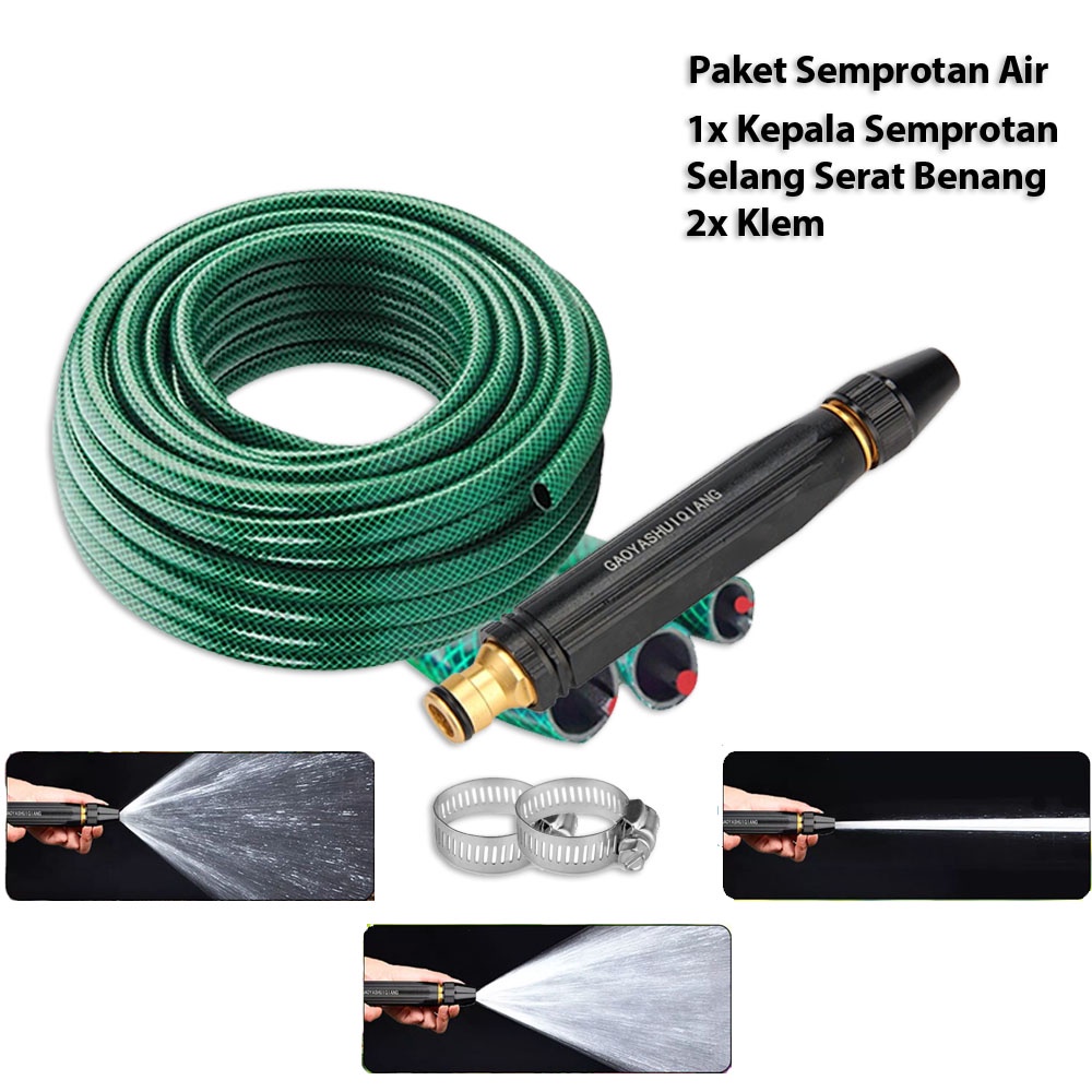 Paket Selang Air Serat Benang Ukuran 1/2 Inchi Anti Tekuk Plus Nosel Kuningan Free Klem 2 - Selang Semprotan Cuci Motor Mobil