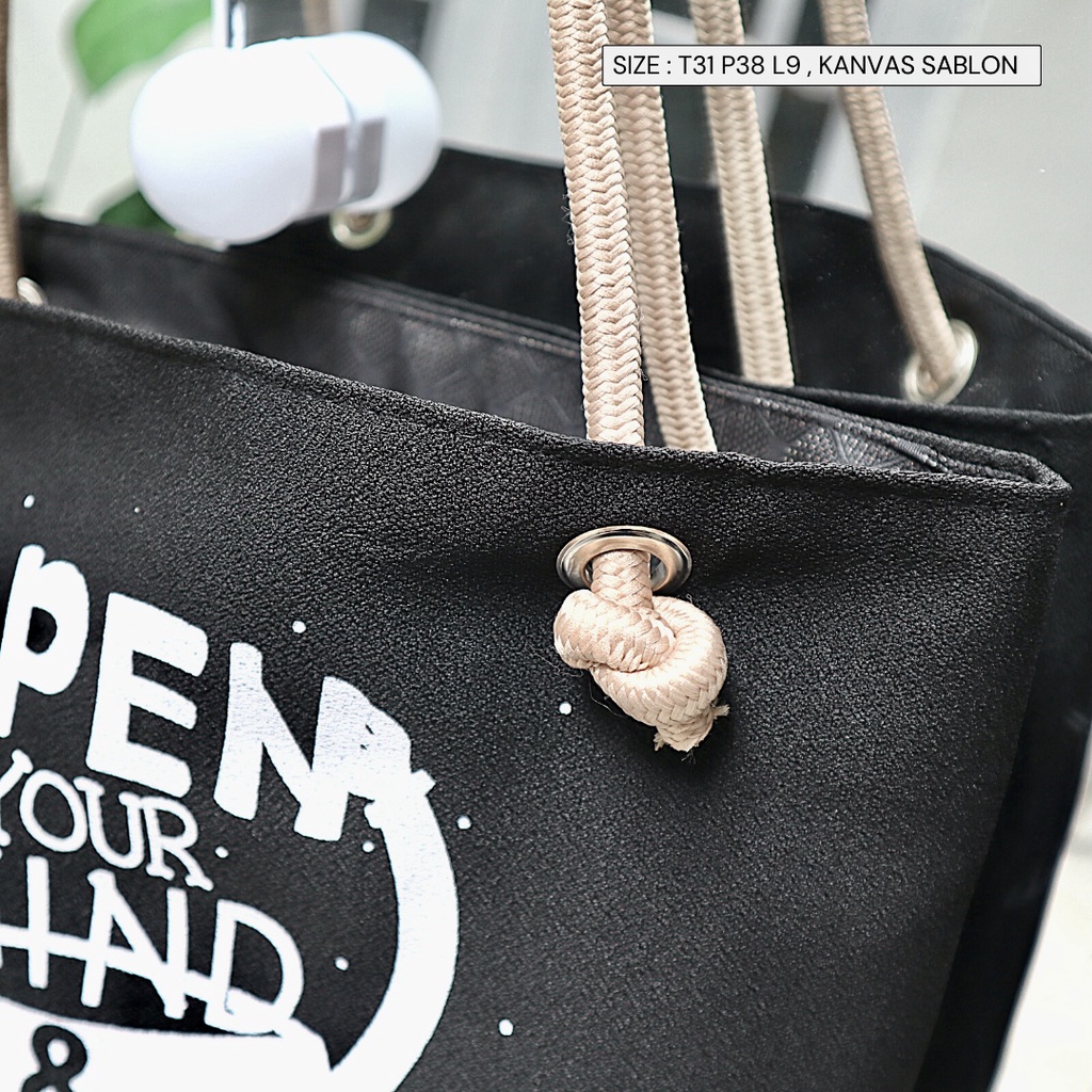 Tas tote Totebag hitam Wanita Kanvas warna gelap sablon gambar motif tali sumbu tambang murah semarang bisa COD