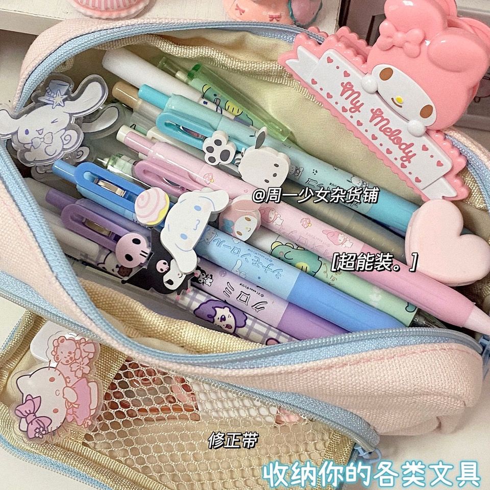 ℗Tempat pensil kanvas kapasitas besar, gadis sederhana, imut, kecil, banyak fungsi, tas penyimpanan kreatif berwarna merah bersih, tempat pensil alat tulis