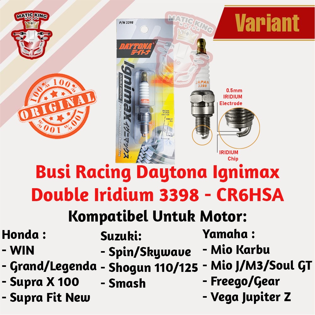 Busi Racing Iridium Beat Vario Karisma Supra X 125 Scoopy Verza PCX New MegaPro Genio Deluxe Blade Revo absolute CBR ADV 150 250R DAYTONA IGNIMAX 3394