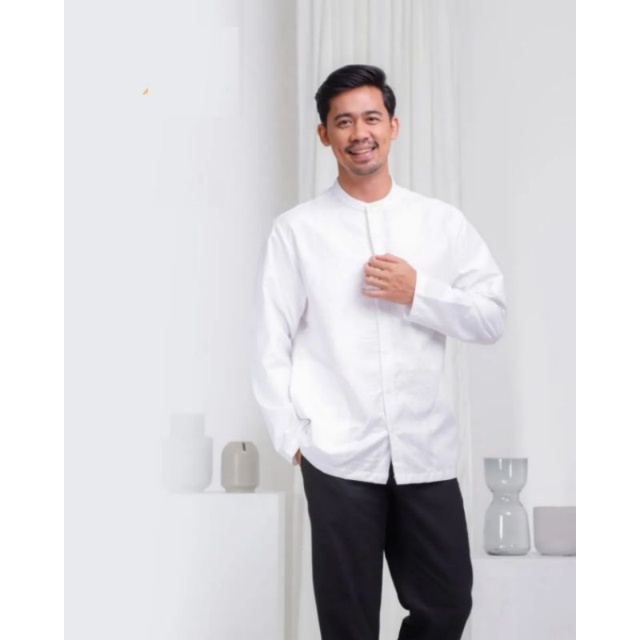Baju Koko putih polos bordir bapak bapak bordir lengan panjang/Baju muslim laki laki lengan panjang 