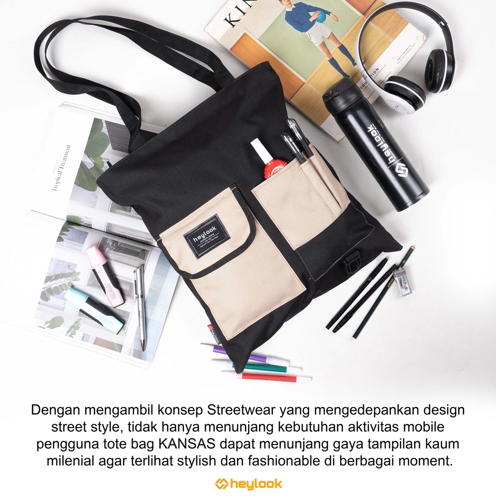 HEYLOOK Project -Tote Bag KANSAS Tas Bahu Pria Wanita Tas Selempang Kuliah Multifungsi