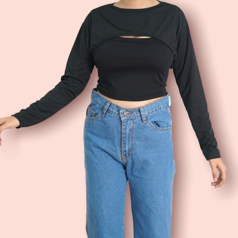 MakeGrosir - MANSET TANGAN SAMBUNG KIMBERLY CROP TOP MANSET BALERO LENGAN PANJANG WANITA