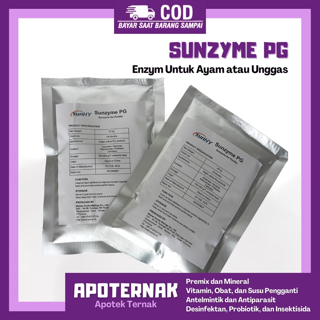 SUNZYME PG 100gr | Enzim Untuk Meningkatkan Berat Badan, Produksi Telur dan Kesehatan Ternak Unggas | SunHY