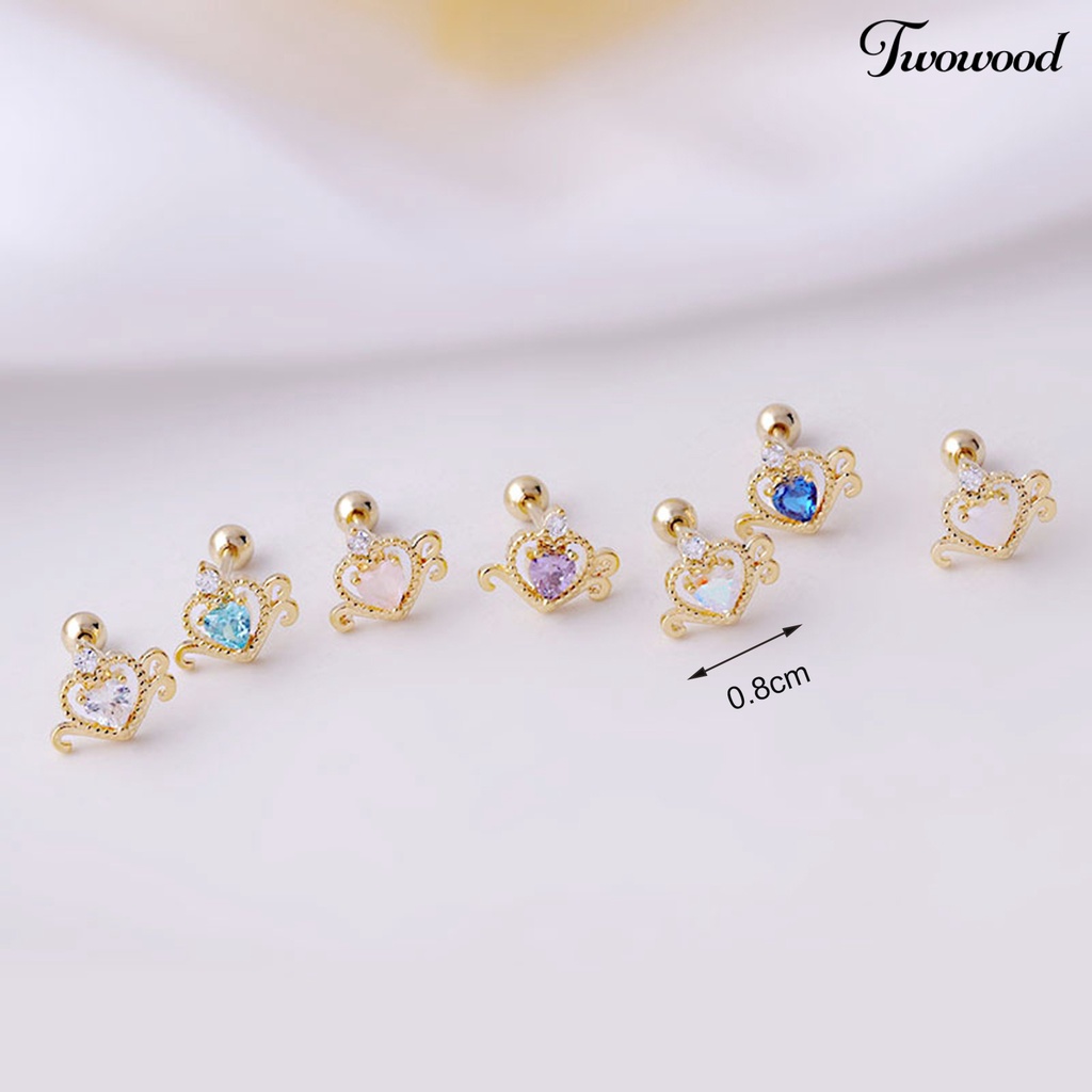 1 Pc Anting Stud Cubic Zirconia Bentuk Hati Model Hollow Untuk Wanita