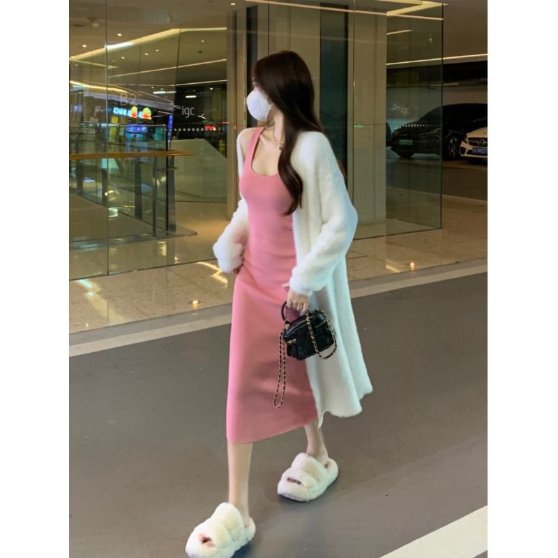 Versi korea dari sweter lilin lembut mantel wanita musim gugur pengurangan usia gaya malas longgar rajutan kardigan gaun dua setelan jas trendi