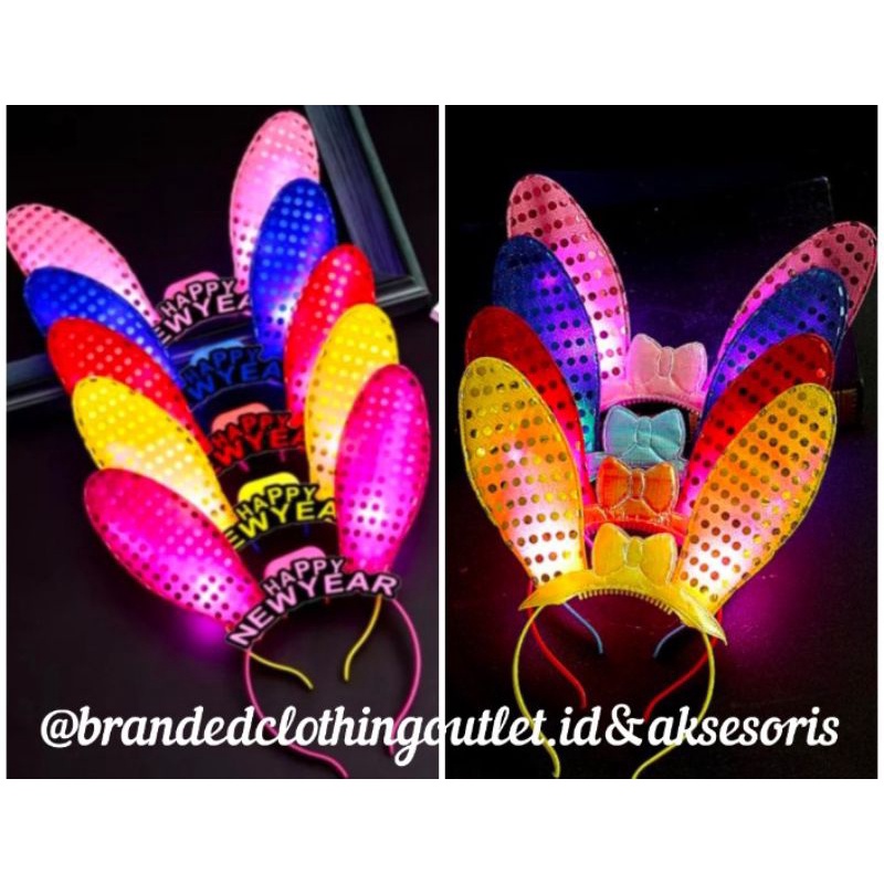 BANDO LED TELINGA KELINCI HAPPY NEW YEAR / BANDO ELASTIS LAMPU LED PITA RABBIT / BANDO LED NATAL - T