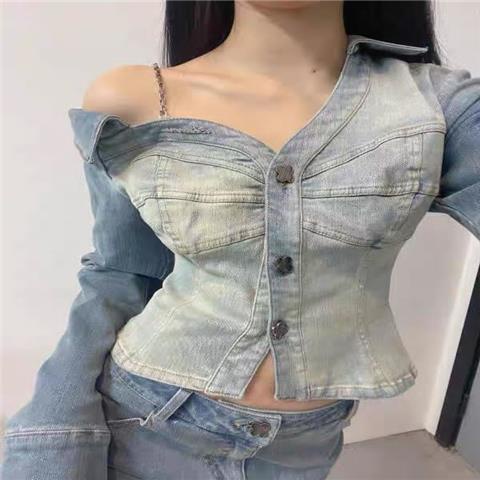 Suhao Off-The-Shoulder Rantai Kemeja Denim Wanita Musim Gugur 2022 Desain Baru Rasa Niche Hot Girls Slim pendek Biru Muda Top