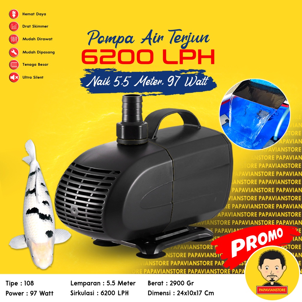 Pompa Air Mesin Filter Celup Sirkulasi Kolam Ikan Koi Besar Low Watt Aquarium Tank Submersible Hidroponik Hydroponic Water Pump Waterfall Air Terjun Hias - 4500 5000 5500 LPH Liter Per Jam 5 Meter Ketinggian 5m P016