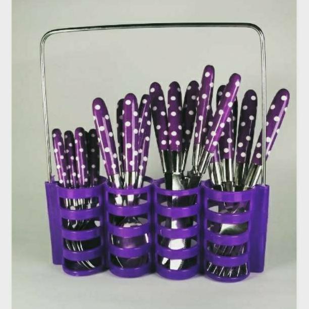 Sendok Garpu Pisau Polkadot Keranjang Cutlery Set Alat Makan UNGU BIRU PINK MERAH HIJAU
