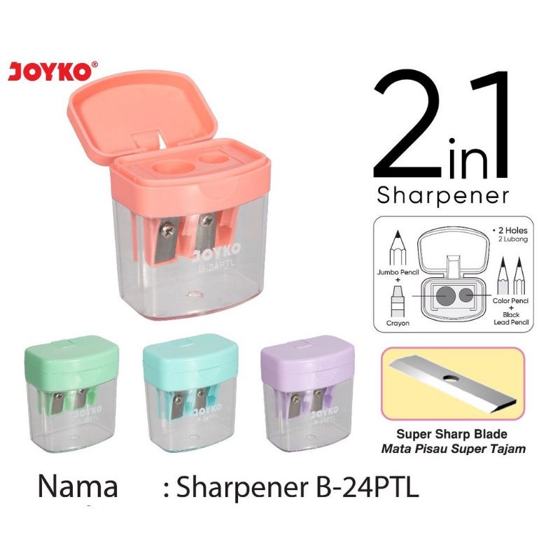 

Rautan Serutan Sharpener Joyko B-24PTL 2 In 1 Pastel Color (1Pcs)