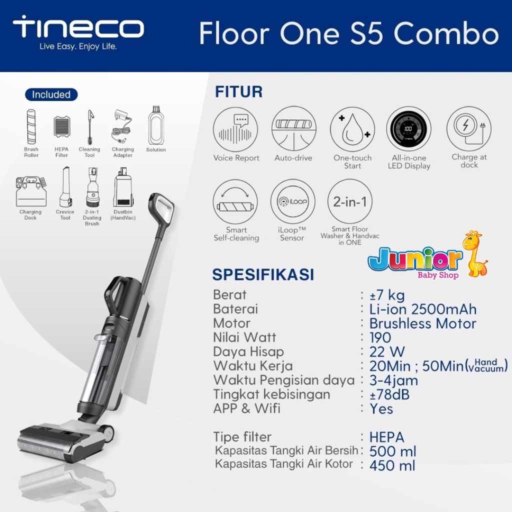 Tineco Floor One S5 Combo Smart Wet Dry Cordless Stick Vacuum Cleaner and Floor Washer Scrubber