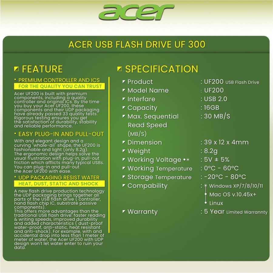 Acer Flashdisk Usb 2.0 UF200 - 8GB Bergaransi