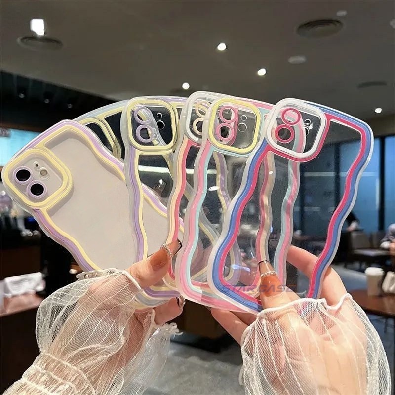 Soft Clear Cover Realme C35 C31 C30 C33 C21Y C12 C25Y C11 2021 Realme9i 6i 5s 5i C15 C25s C11 C2 C3 A1K A76 A96 Case Mewah Simple Warna Macaron Jahitan Kontras Wavy Edge TPU