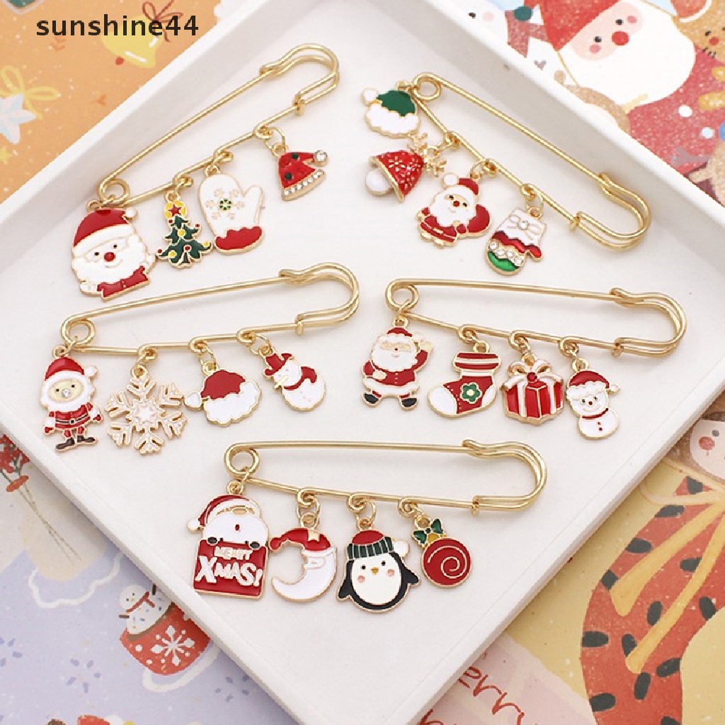 Sunshine Bros Pin Bentuk Kartun Santa Claus / Rusa / Pohon Natal Bahan Metal Untuk Aksesoris Pakaian