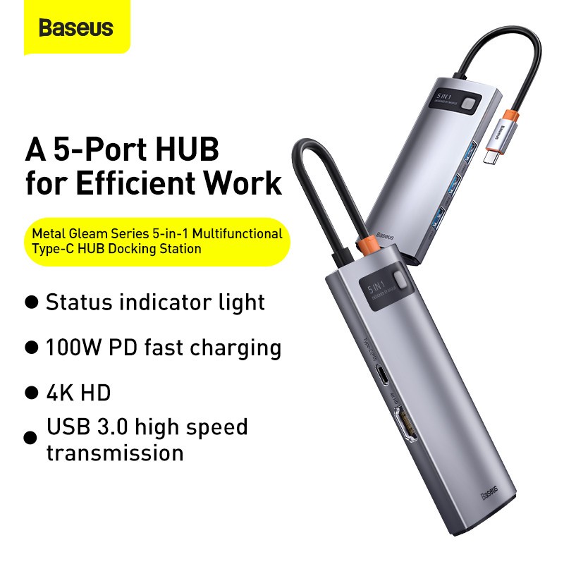 Baseus Original Metal Gleam 5 in 1 HUB Type C to 4K HDMI USB 3.0 100W Docking Station Multifunctional Tipe C Fast Charging Adapter Adaptor Ori