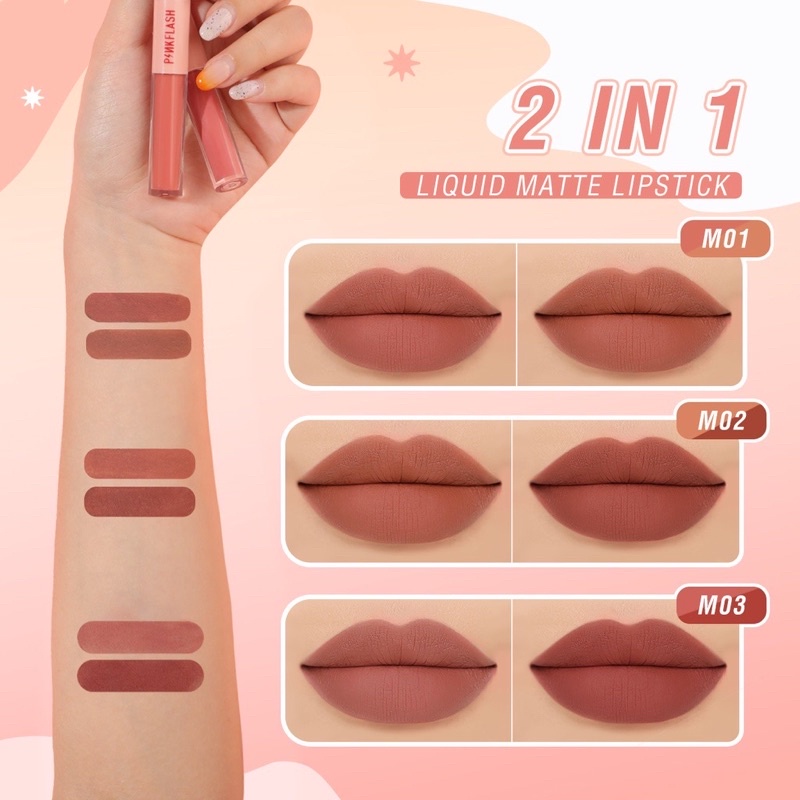 [ duo lipcream ] pink flash duo lipgloss 2in1 - pinkflash duo lipgloss lipmatte lipmoist 2in1 make up finish