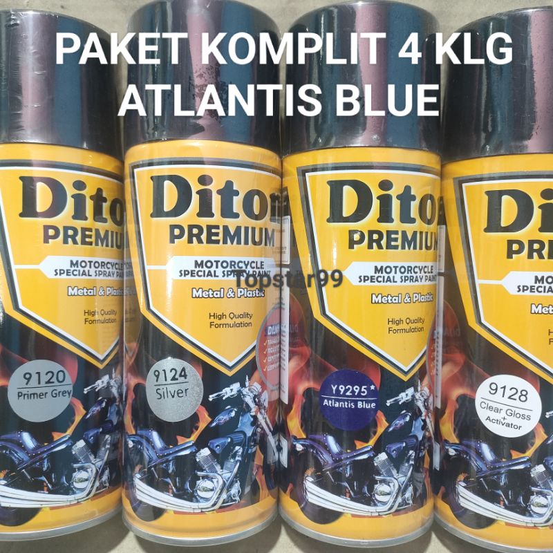 Pilok Cat Diton Premium Paket Komplit 4 Kaleng Atlantis Blue Biru Ungu 9295 Primer Grey 9120 Silver 9124 Clear Gloss 9128 400cc Pilox Paketan Cat Semprot Special Spray Paint