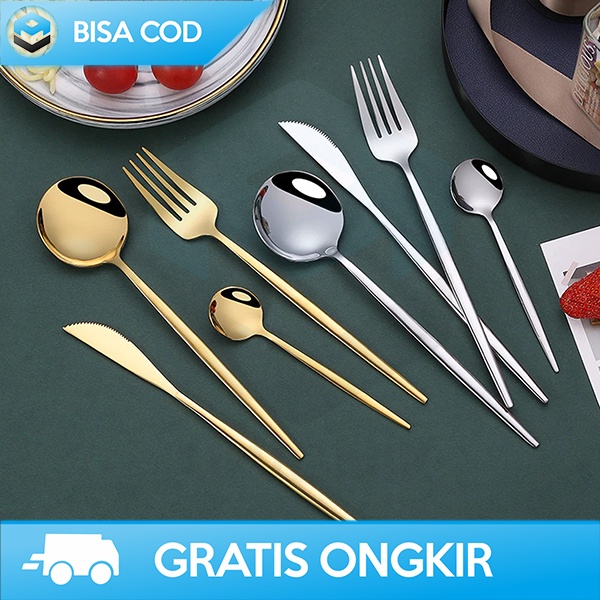 SET ALAT MAKAN SENDOK GARPU PISAU DESAIN ELEGAN MEWAH STAINLESS STEEL