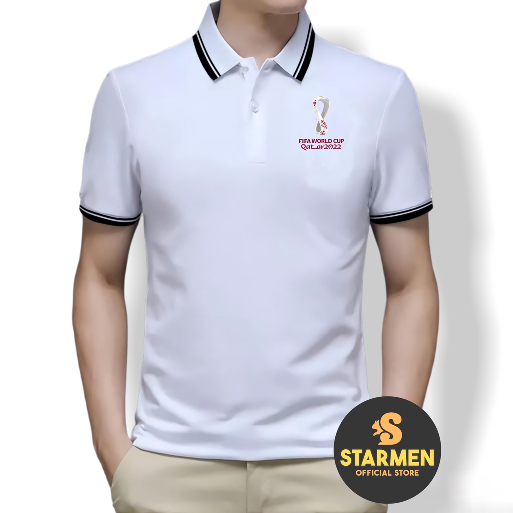 Kaos Polo Shirt Pria Kerah List Putih logo FIFA WORLD CUP QTAR 2022