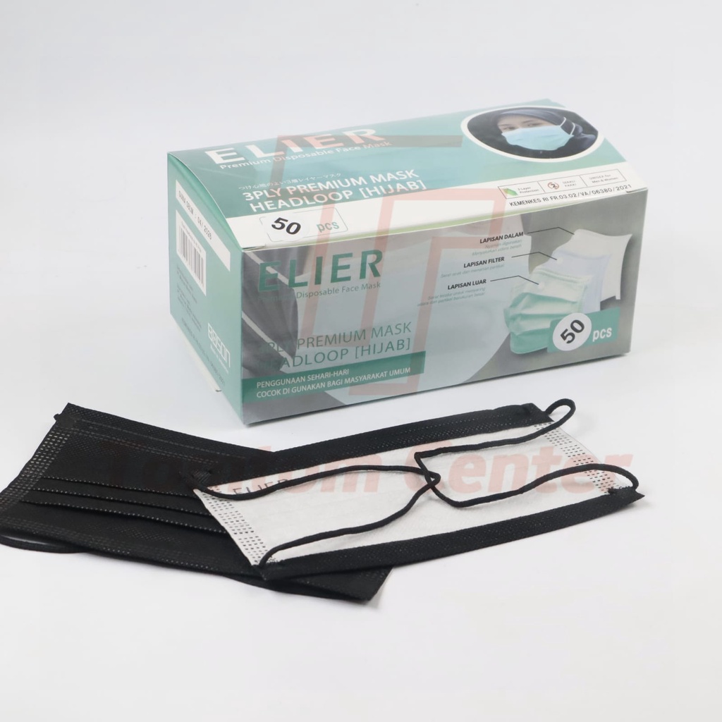 𝗪𝗶𝗻𝗱𝗮 𝗣𝗿𝗮𝗱𝗶𝘁𝗮  Masker Medis 3ply Earlopp Hijab Disposable Biru Hitam 50 Pcs
