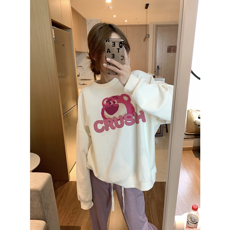 EUNII Sweater Lengan Panjang Cute Strawberry Bear Korean Style/Hoodie Oversize/Baju Wanita/Switer Wanita