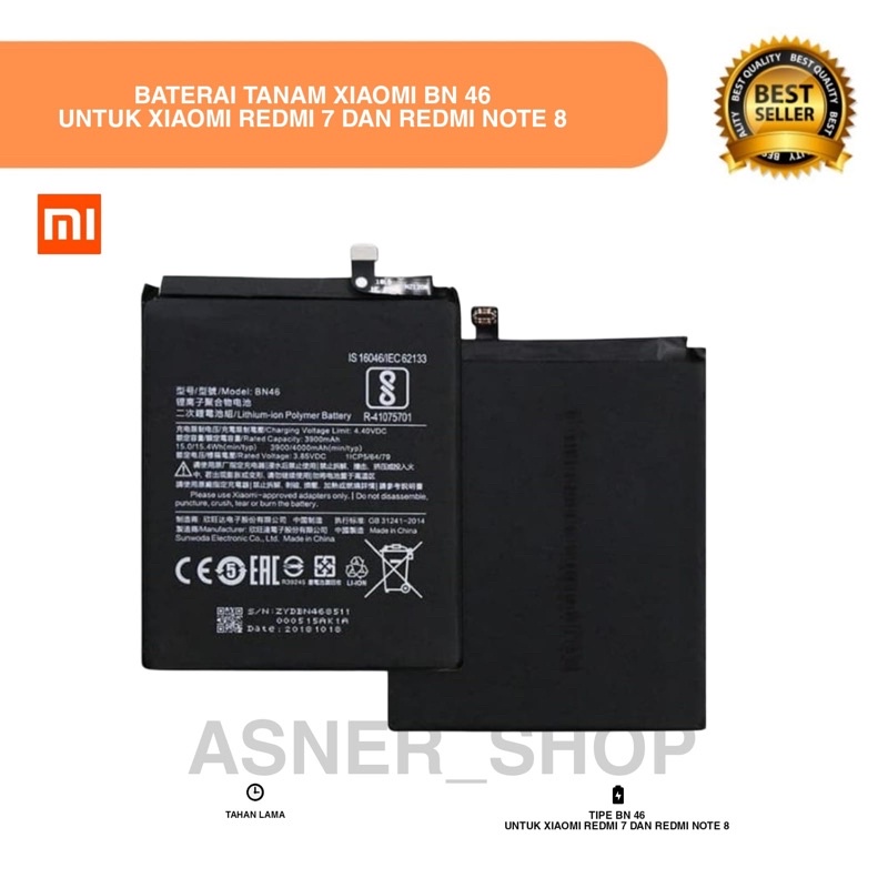 Baterai Xiaomi BN46 Redmi 7 / Note 6 / Note 8 Bat Tipe Tanam Batre Ori copotan Model Original