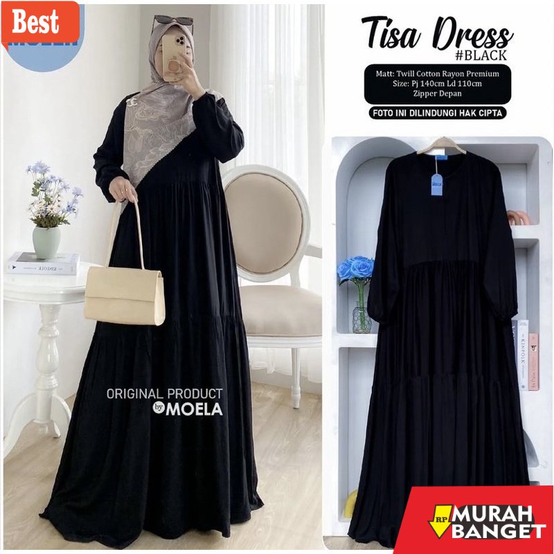 model dress terbaru 2022 ORI MOELA Tisa Dress Hitam Polos Gamis Jumbo Busui Mayung Katun Twill Rayon