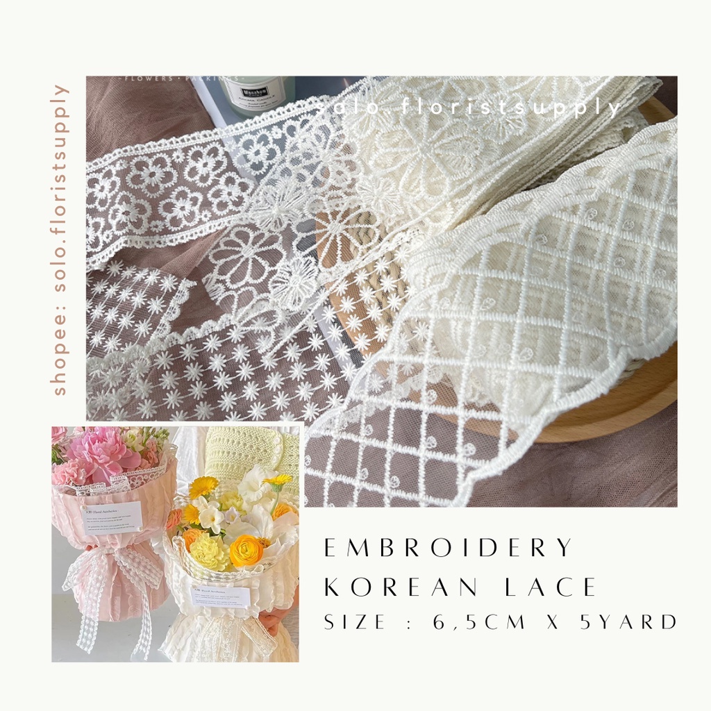 TR [SW] 5YARD X6,8CM EMBROIDERY KOREAN LACE  RENDA TIMBUL  Renda giper/gyper/bordir/renda 0.5 metera