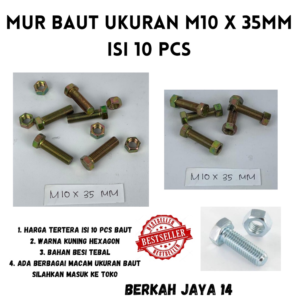 BAUT M10X35 MM ISI 10 PCS WARNA KUNING HEXAGON HEX BMK MUR BAHAN BESI TEBAL HARGA MURAH BERKUALITAS PROMO DISKON TERLARIS