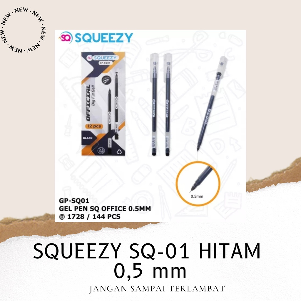 

1 Pack 12 Box Pulpen Jumbo Gel Pen SQUEEZY SQ-01 HITAM 0.5 mm / Pulpen Gel Ink Pen 0.5 mm SQUEEZY SQ 01 / Pena Gel Pen Office Smooth Hitam