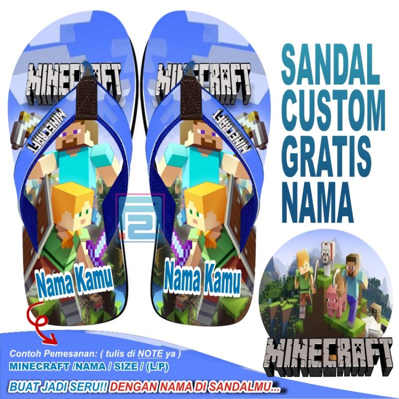 Sandal Custom Nama Karakter MINECRAFT Anak/Dewasa FREE Custom Suka Suka