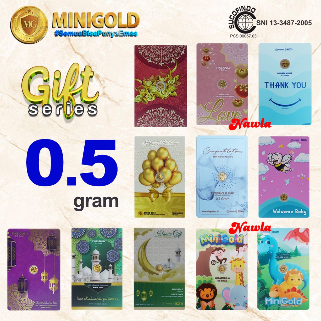 Minigold GIFT Series 0.5 gram Logam Mulia Asli Emas Murni 24 Karat untuk Hadiah Kado Souvenir Hampers 0,5 gr