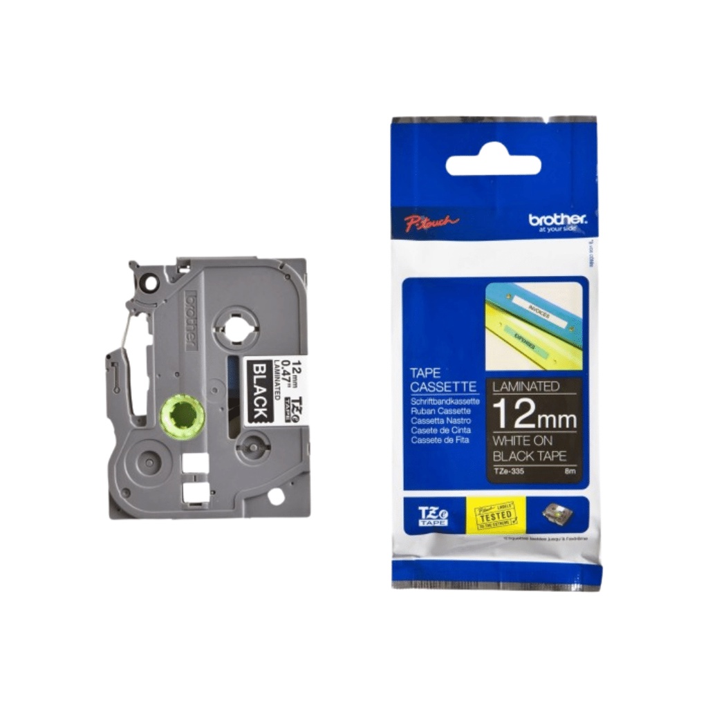 

BROTHER TZE-335 WHITE ON BLACK, 12MM TZE 335 8MTR