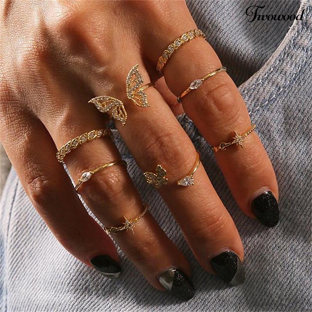 8pcs Cincin Knuckle Desain Kupu-Kupu Bunga Aksen Berlian Imitasi Untuk Wanita Element