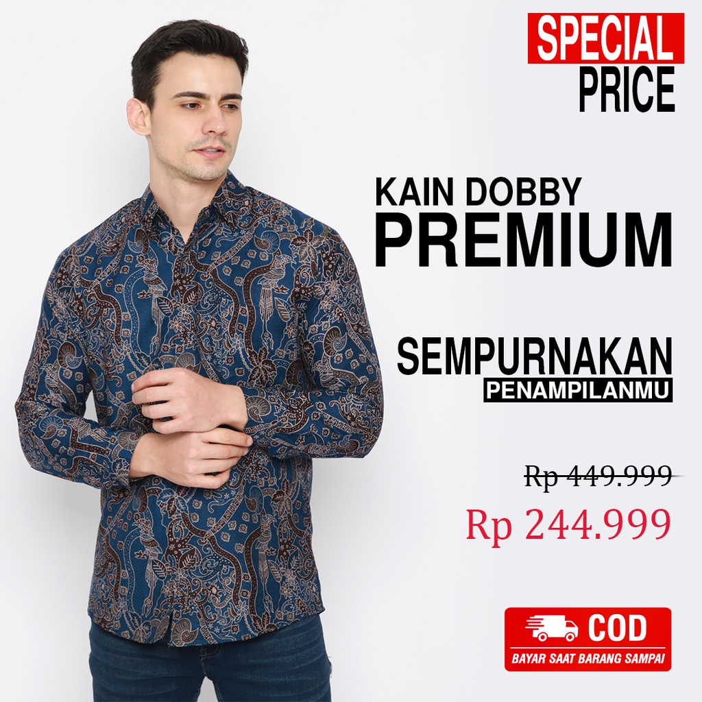 KEMEJA BATIK PRIA Dobby Lengan Panjang Slimfit Motif Peksi Adiwilaga Warna Biru Hitam 729395 Cap 72 - Baju Kemeja Atasan Pakaian Setelan Batik Pria Cowok Laki Laki Remaja Keluarga Kantor Lengan Panjang Modern Slimfit Slim Fit Premium Kekinian