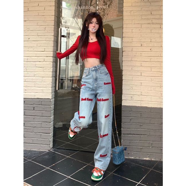 Suhao Amerika retro bordir jeans lurus perempuan hot gadis rasa desain ceruk longgar celana lebar pinggang tinggi kaki celana trendi