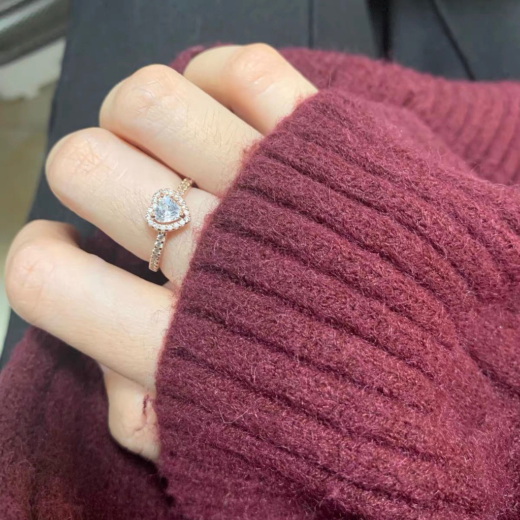 Pandora Cincin 925 Silver Rose Gold 18K Bentuk Hati Hias Berlian Zirconia Untuk Wanita