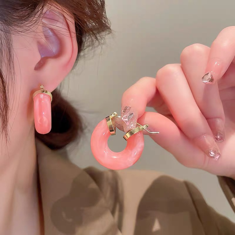Anting 925 Silver Needle Bentuk U Desain Cherry Blossom Pink Bahan Resin Gaya Eropa Amerika Untuk Wanita