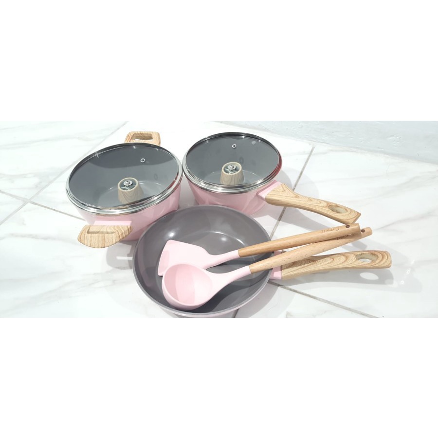 Cypruz PI-0924 Essential Pan Set Panci Spatula Pink Ceramic 7 pcs